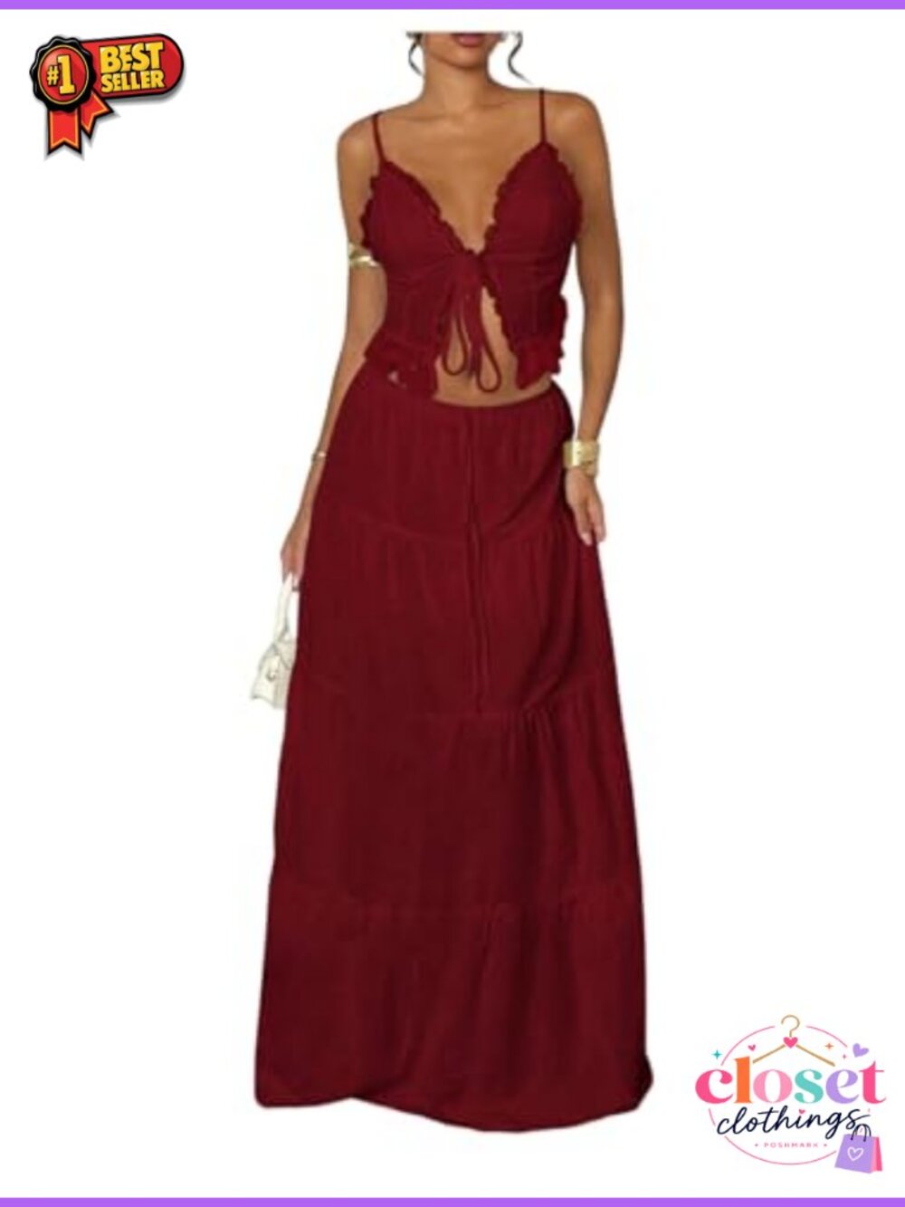 2 Piece Tie Front Cami Top Tiered Maxi Skirt Set Sleeveless V Neck